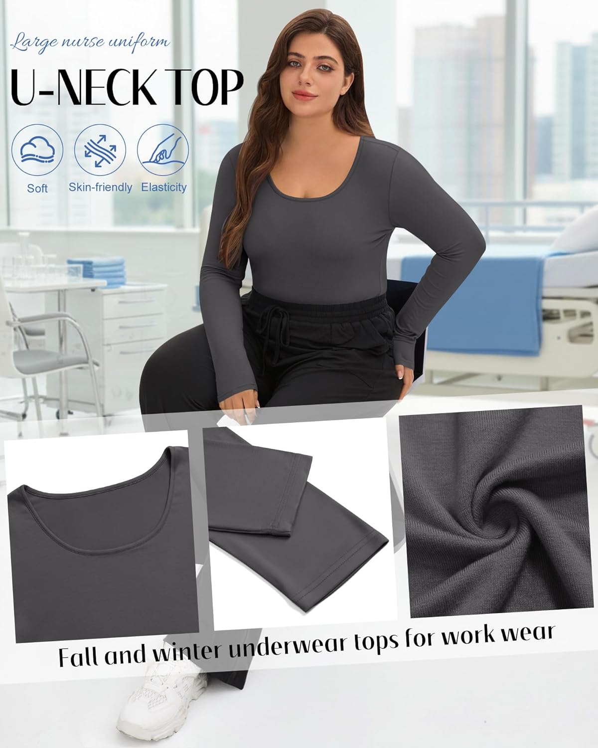 4 Pack Plus Size Underscrub Long Sleeve for Women, Cotton Blend Scoop Neck Undershirts, Nurse Fitted Basic Tops - Image 3