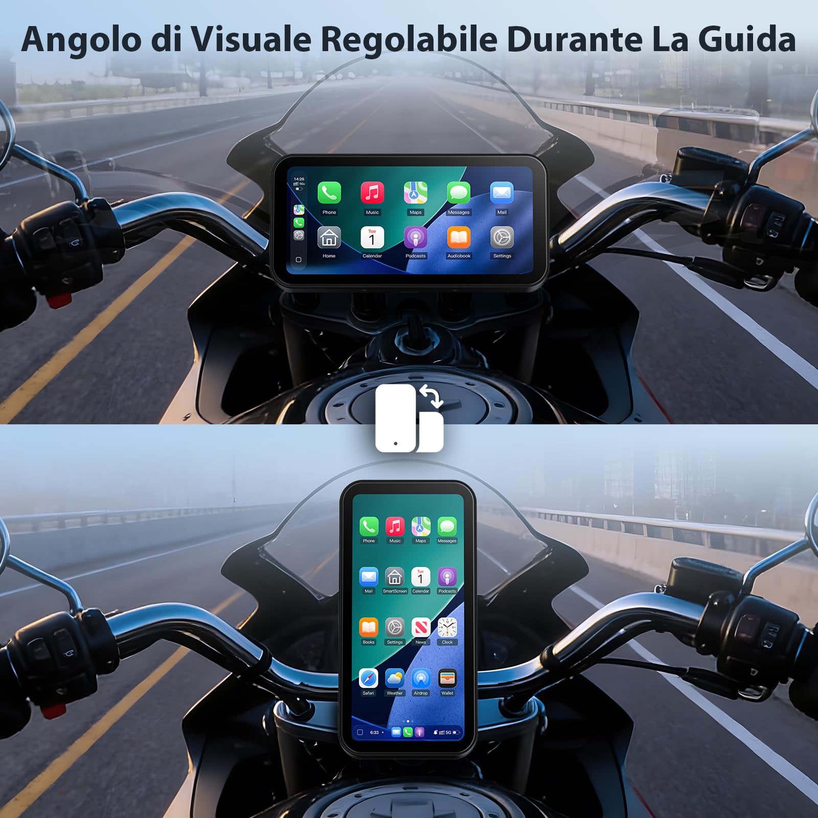 A622 CarPlay Moto Schermo 6,25 Pollici, CarPlay e Android Auto Wireless, Sistema di Monitoraggio Pressione Pneumatici (TPMS), Impermeabilità IP67, Doppio Bluetooth, GPS, Alimentazione USB/ACC