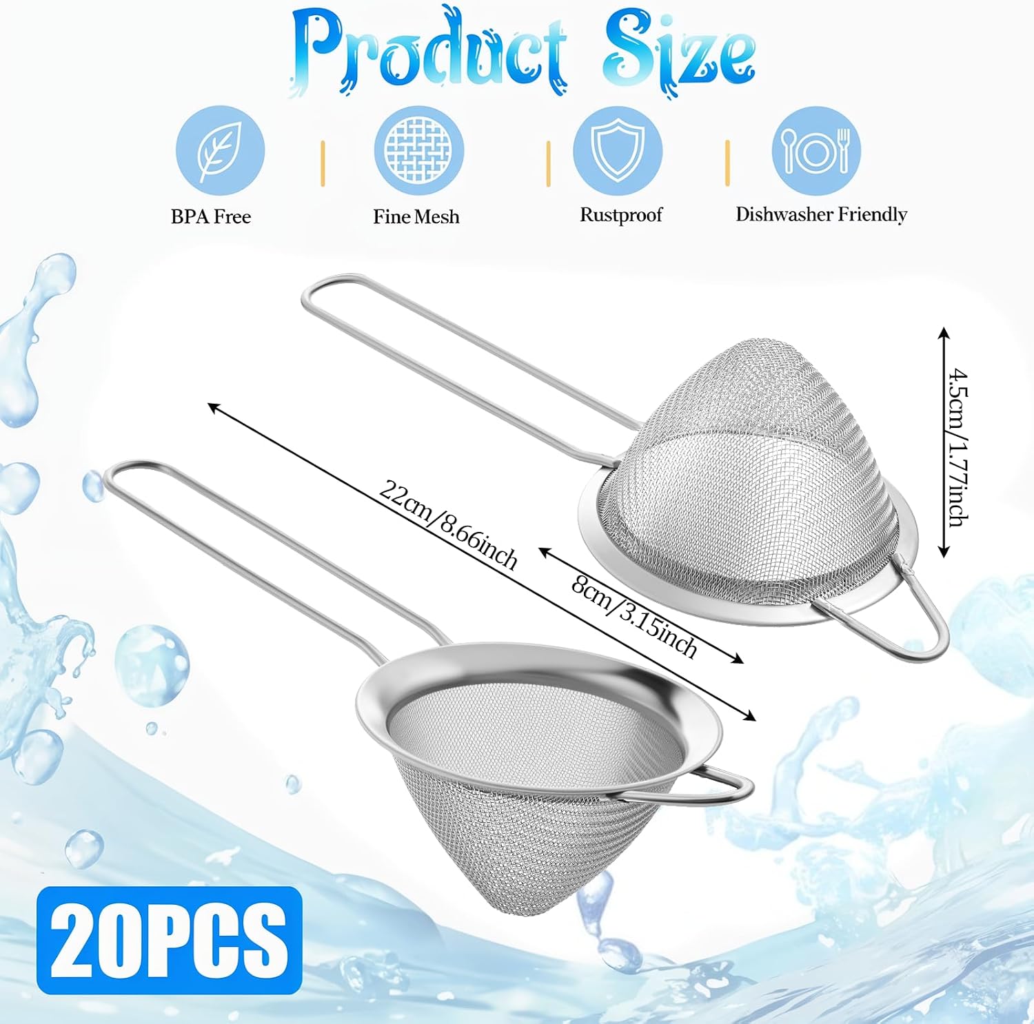 20 Packs Fine Mesh Small Strainer, 3.2 Inches Silver Stainless Steel Cone Shaped Long Handle Cocktail Strainer for Coffee Food Juice Tea Coffee Drinks