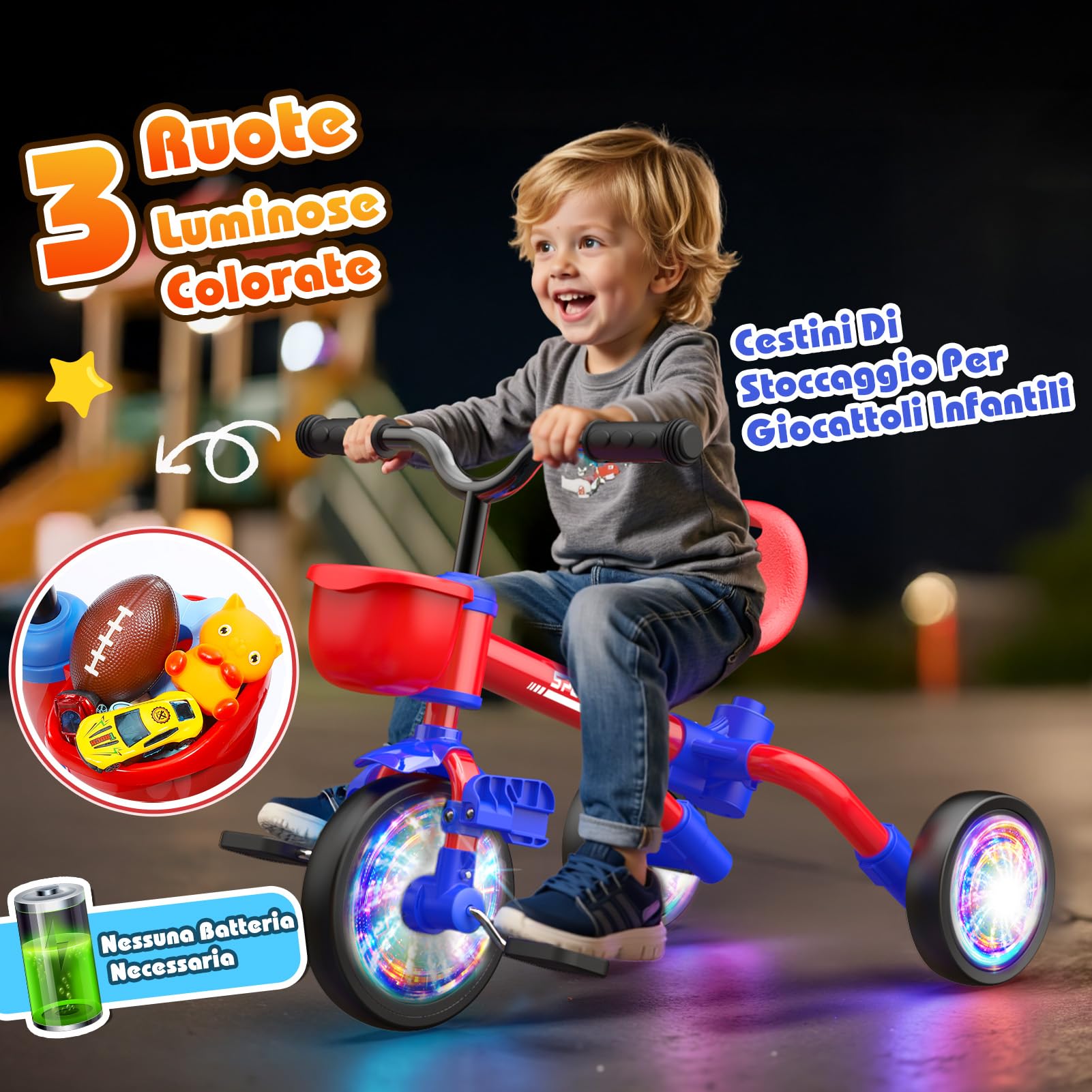 HappyGoLucky 5 in 1 Triciclo per Bambini Evolutivo, Bicicletta Bambini 1-5 Anni-Ruote Luminose/Maniglia Parentale/Sedili&pedali Regolabili