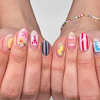 Nägel zum Aufkleben French, 24 Stück Summer Press On Nails Kurz Oval mit Lemon Flower & Seahorse Design, Wiederverwendbare Fake Nails für Frauen, Maniküre
