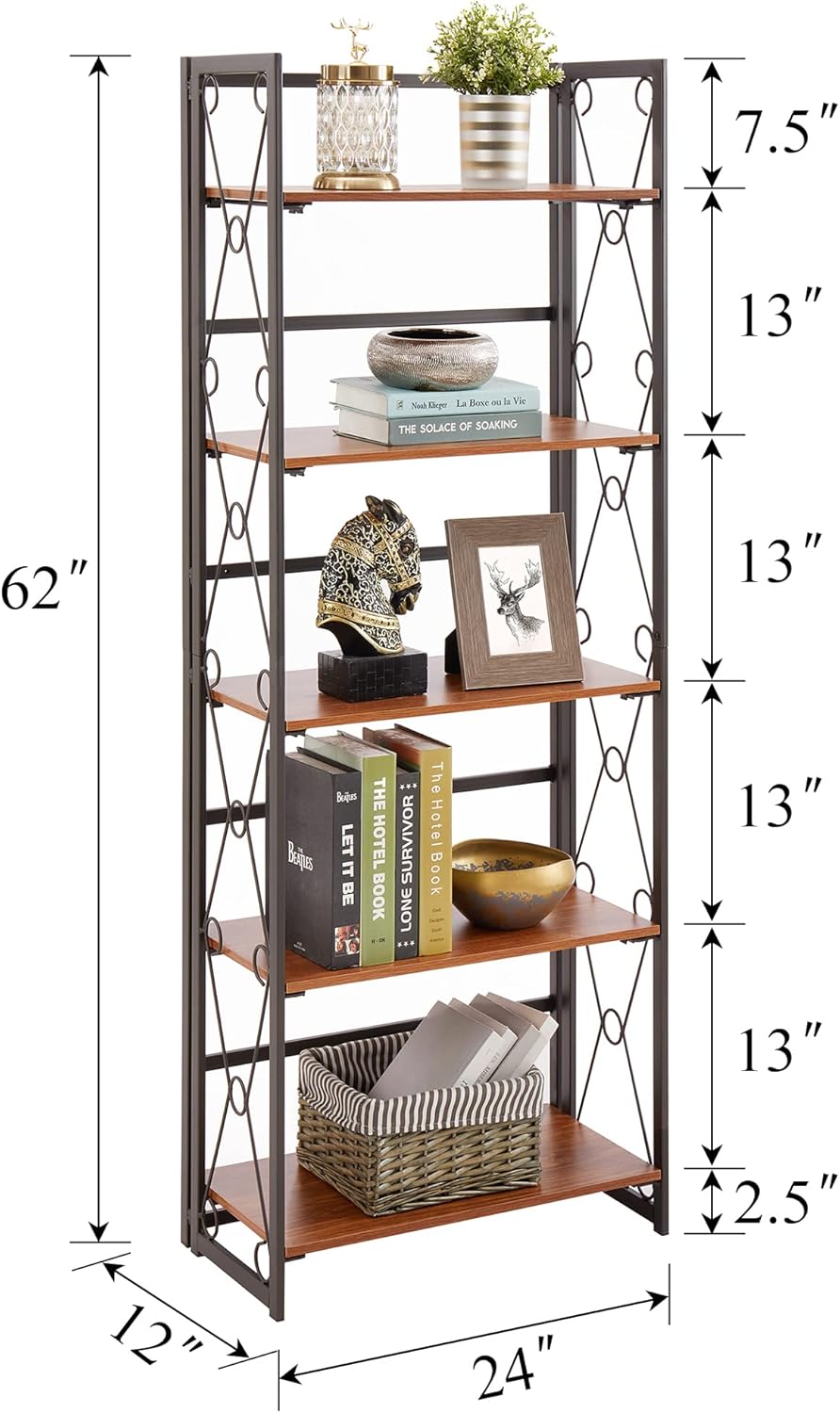 VECELO Folding Bookshelf,5 Tier Bookcase Foldable Easy Assembly, Industrial Book Shelf Storage Organizer with X Metal Frame and Anti-Toppling Design,