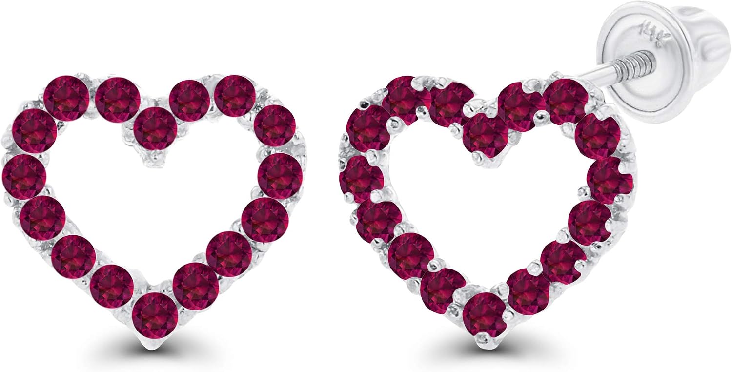 Solid 14K Gold 7mm Open Heart Natural Birthstone Screwback Stud Earrings For Women | 1mm Round Birthstone | 14K Pave Heart Screwback Earrings For Women