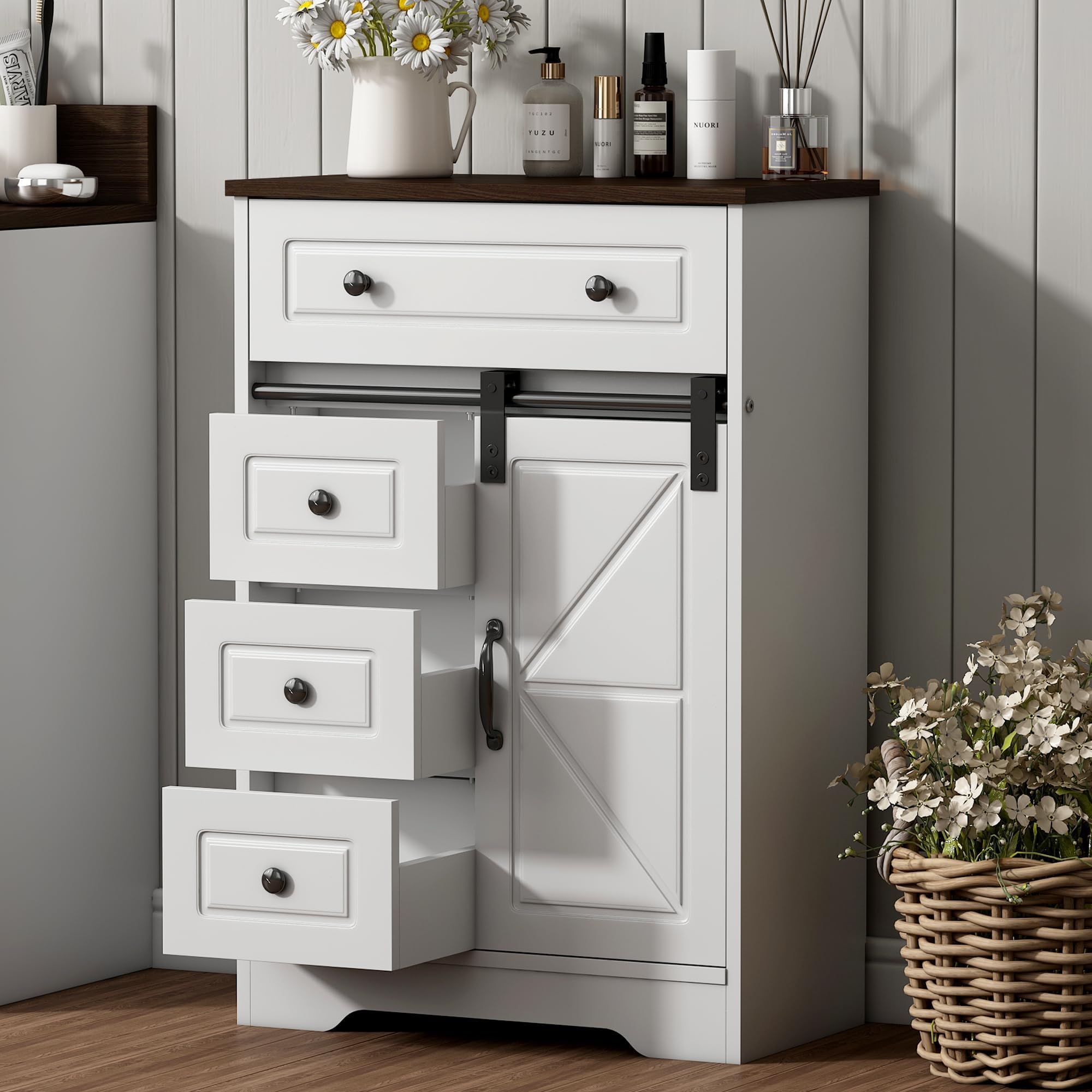 Amazon.com: Bathroom Storage Cabinet, 32" Farmhouse Bathroom Floor Cabinet with 4 Drawers, Floor ...