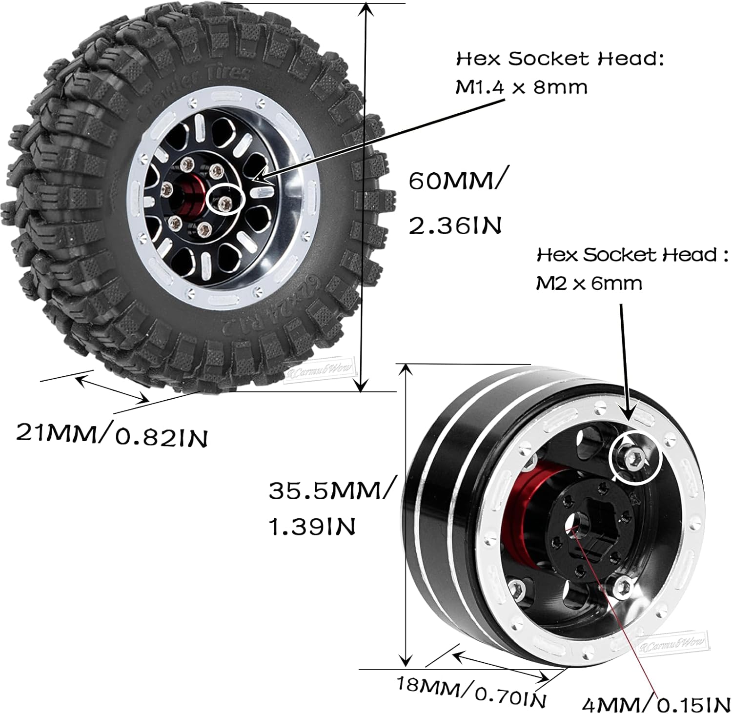 RC 1.2in Beadlock Wheels & Tires for 1/18 TRX4M RC Crawler Car,1.2in Adjustable 4 Offsets Rims & & Rubber Tires,4pcs,Black & Silver