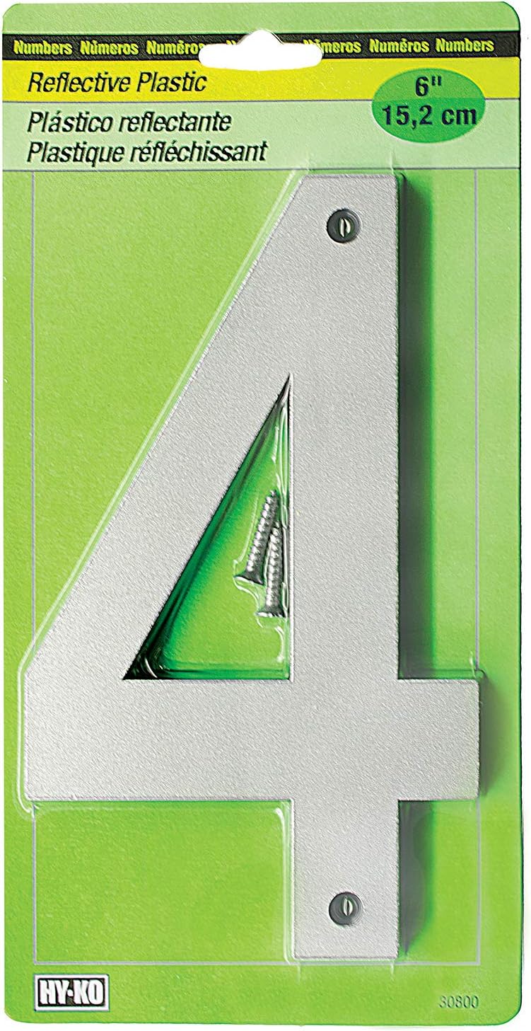 Hy-Ko 6” Classic Reflective Plastic House Number, Modern Raised Numbers for Exterior House, Durable Convenient Marking for Home Address with Included Mounting Hardware for Simple Installation