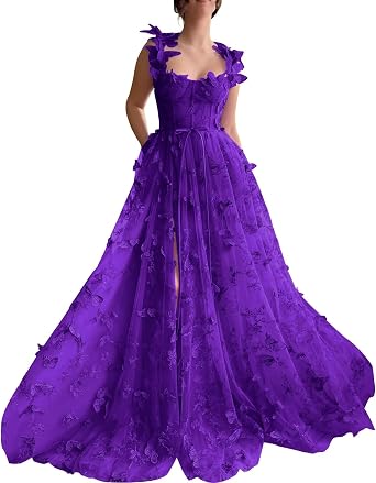 3D Butterflies Tulle Prom Dresses Long Corset Lace Appliques Formal Evening Party Gowns with Slit