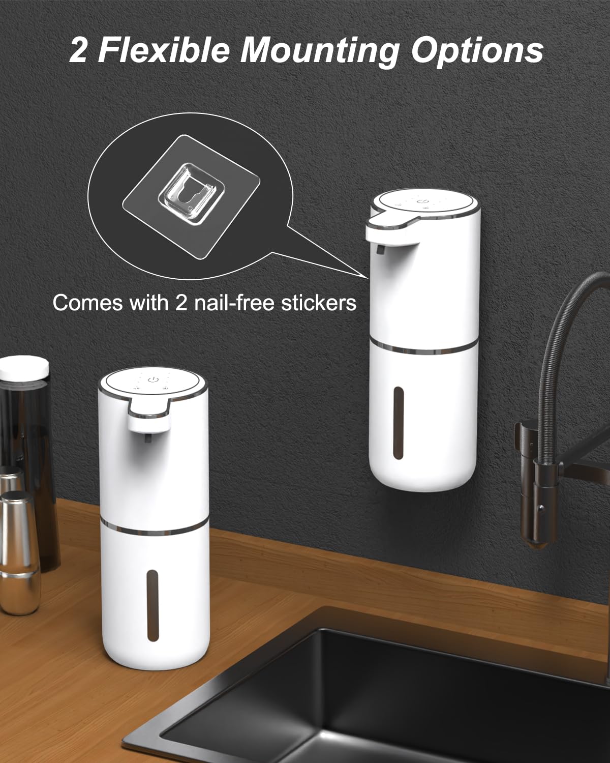 Image showing the Dalugo Automatic Soap Dispenser mounted on a wall using a nail-free sticker, and also placed on a countertop.