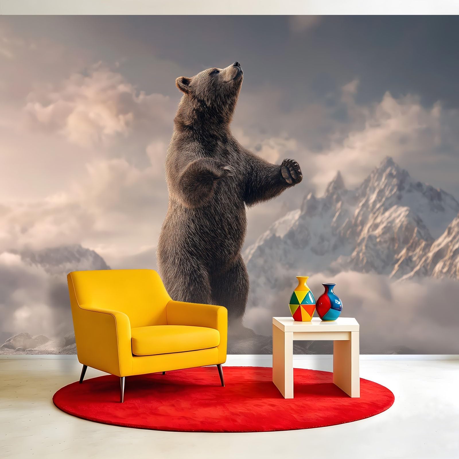 Fototapeta – naturalny krajobraz 200 x 140 cm – obraz ścienny z włókniny – tapeta na flizelinie – tapeta ścienna do sypialni, salonu – zwierzę, niedźwiedź brunatny, góry śnieżne, mgła
