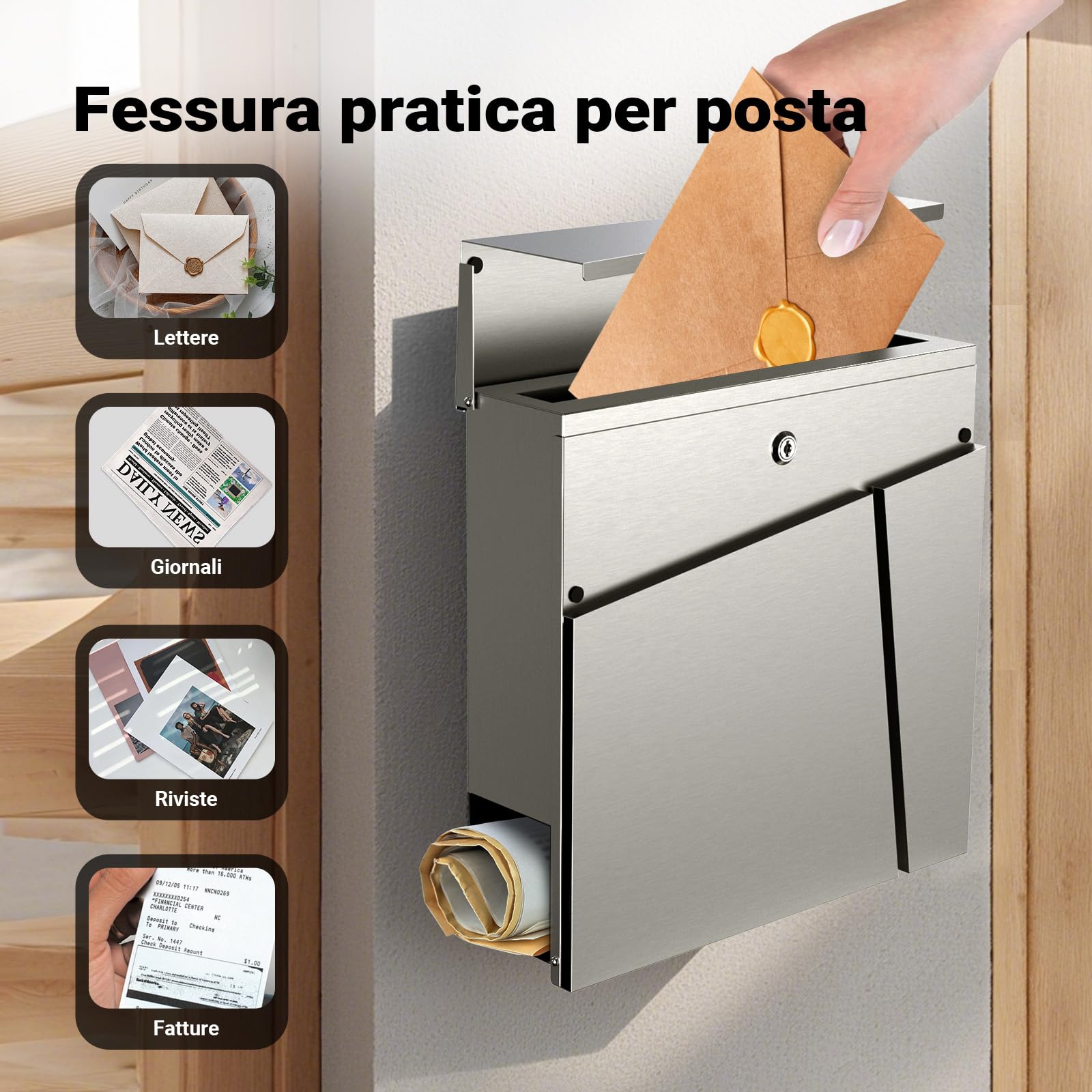 Wiltec Cassetta postale con vano portagiornale V23 acciaio inox 370 x 102 x 370 mm