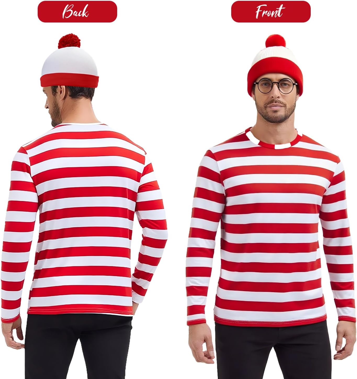 3PCS, Red and White Striped Shirt Hat Glasses Suits Adult Men Halloween Cosplay Costume - Image 2