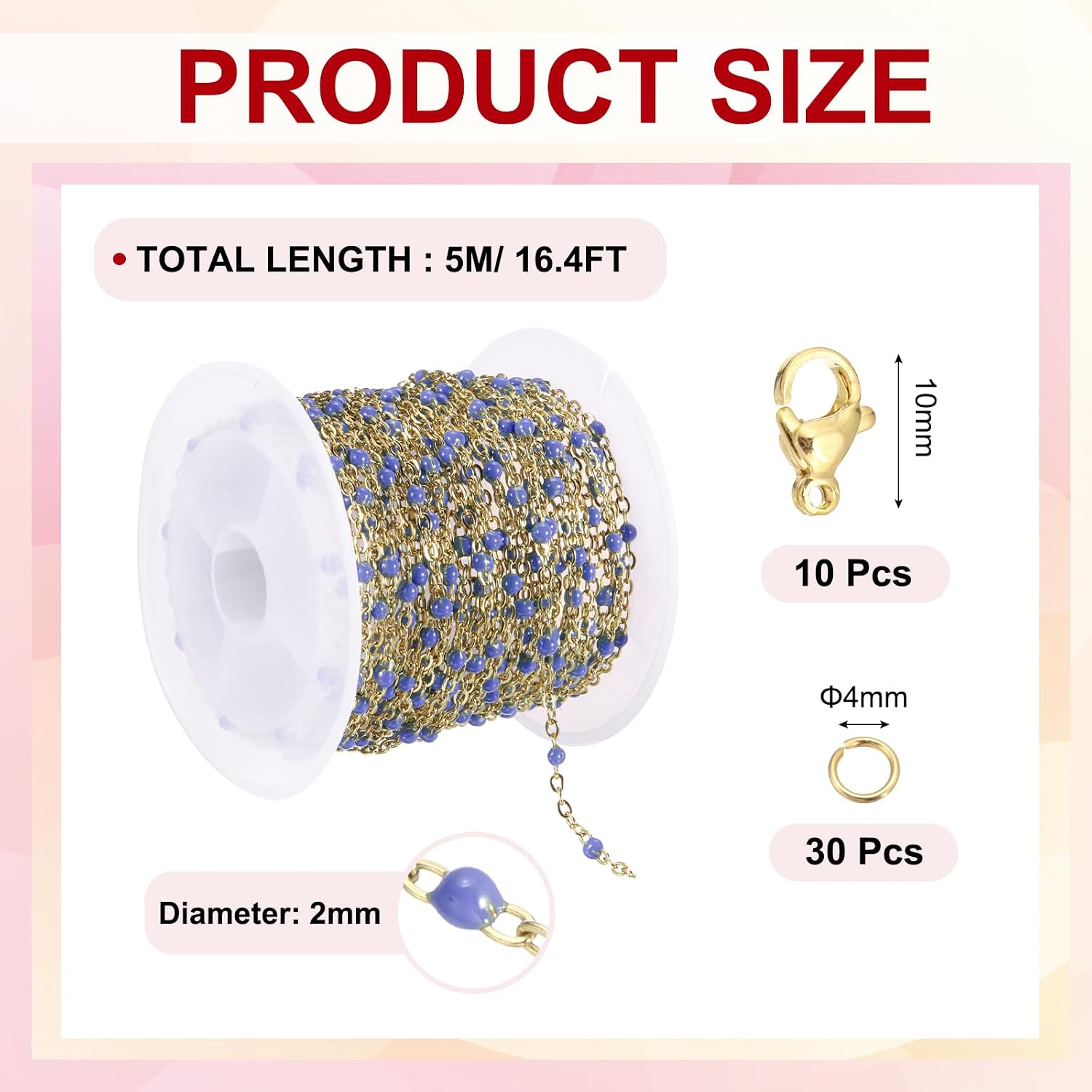 MECCANIXITY Stainless Steel Bead Chain, 16.4 Feet/5M Enamel Beaded Jewelry Link Cable Chains Spool Kit for Jewelry Making, Necklace, Bracelets, DIY Crafts (Gold/Blue, Pack of 1)