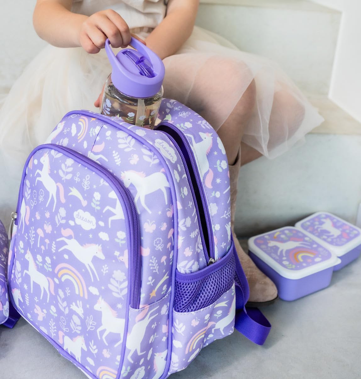 A LITTLE LOVELY COMPANY Mochila, 27x32x19 cm, Gris, Infantil, Poliéster y PEVA, 16 Litros, con Bolsillo Térmico, para Escuela y Viajes (Purpura)