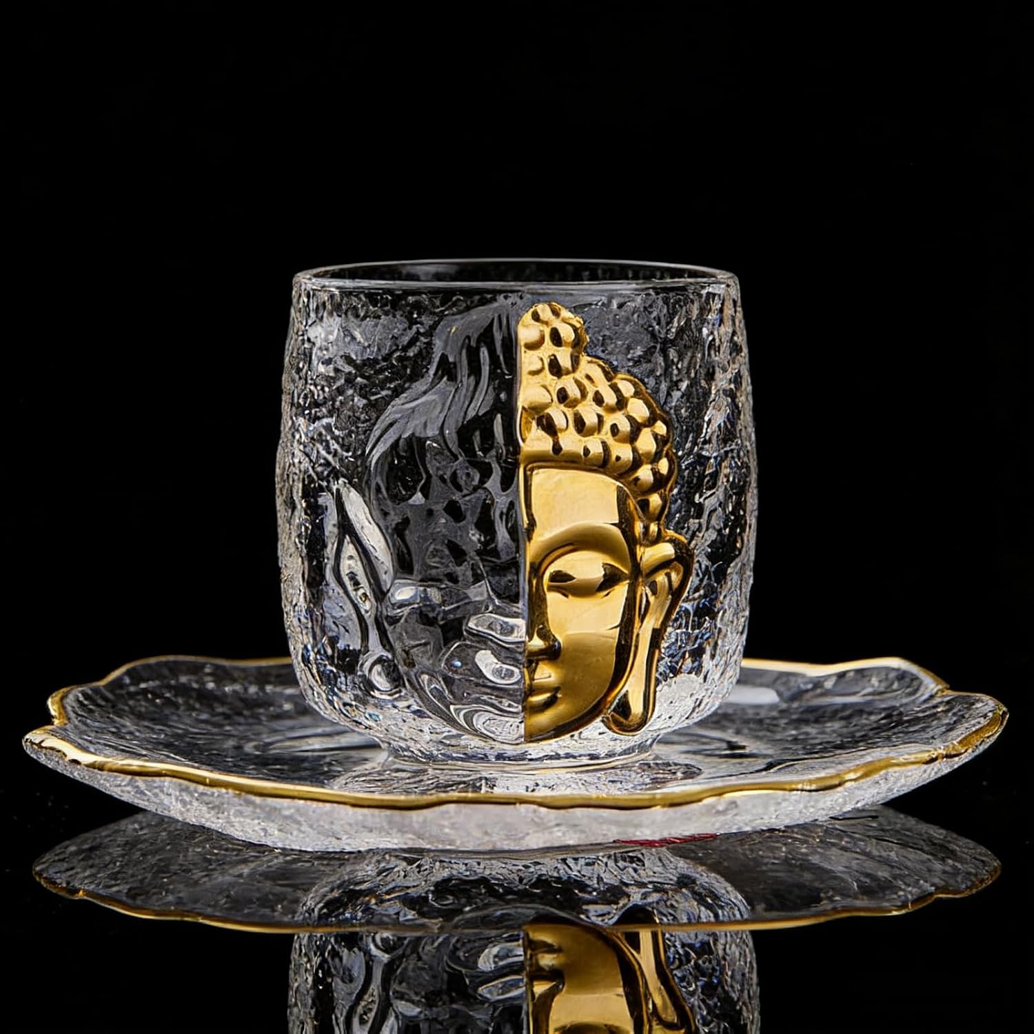 One Thought to Buddha One Thought to Demon Crystal Glass Tea Cup Set - Zen Style Master & Buddha Head Cups with Cup Base | Kung Fu Tea Ceremony Utensils