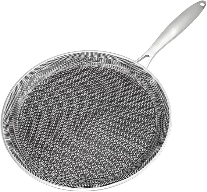 10-Inch Stainless Steel Round Griddle Pan, Nonstick Crepe Pan with Stay-Cool Handle, Flat Pan Dosa Tawa Tortilla Pan Induction Compatible