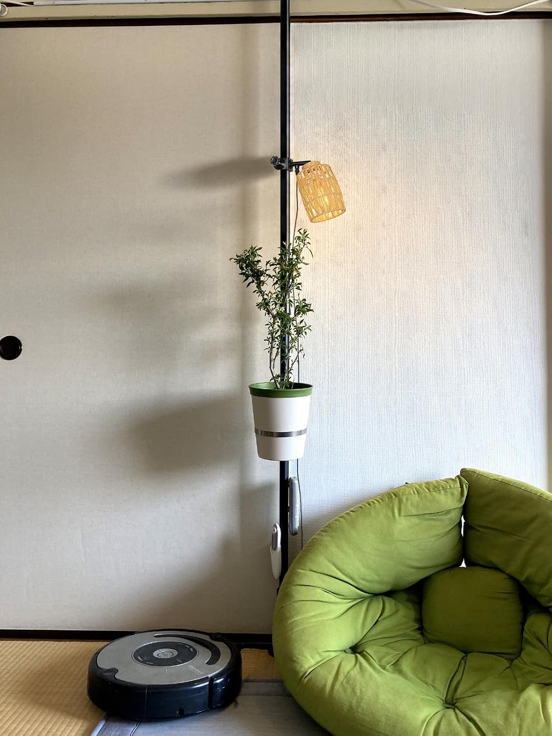 Attached to Support Rod E26 Wood Base Clip Mounted Lighting Plug in Button Cord Rattan Hollow Shade Stand Light Adjusted Angle Vintage Design for Plants Rental House(No Bulb)