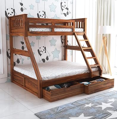 Wooden Bunk Bed with Storage | Wooden Double Bed Furniture for Bedroom and Home | Storage Type: 2 Drawers | Sheesham Solid Wood | Finish: Brown