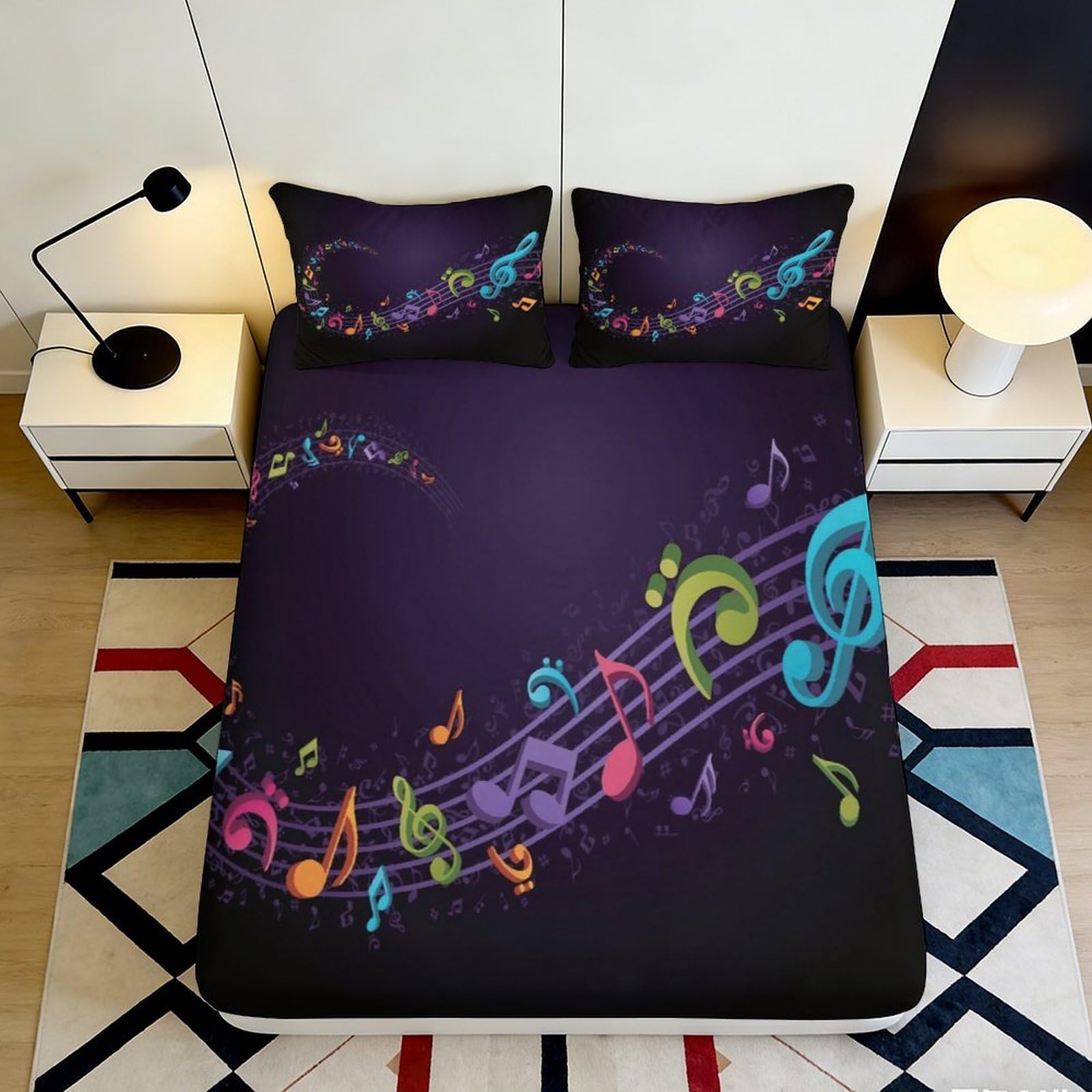 3D Printed Colorful Music Notes Fitted Sheet Microfiber Soft Bedroom Decor Black Artistic Mattress Cover 90x200x25cm