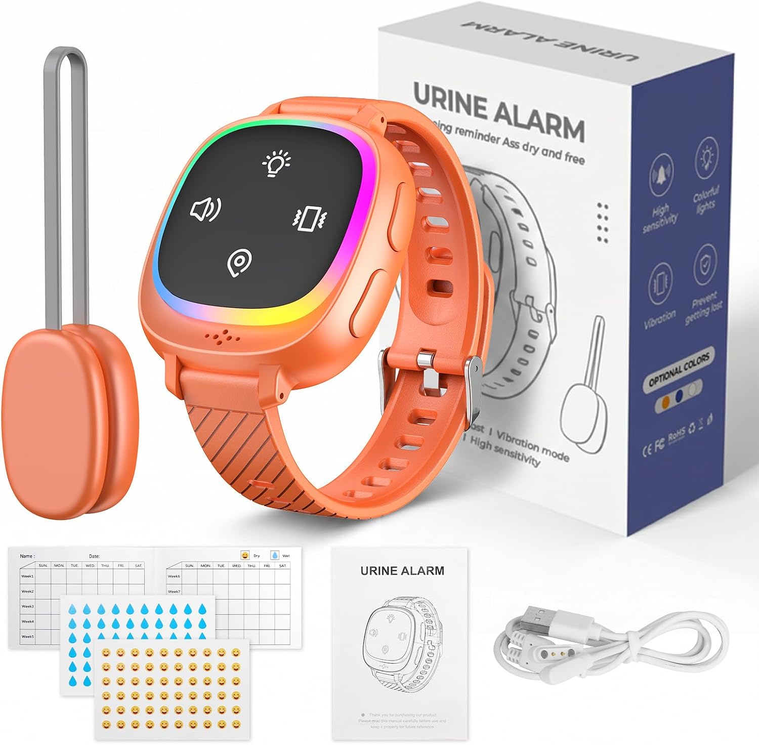 Wireless Bedwetting Alarm for Boys and Girls,Stop Bed Wetting for Kids with USB Rechargeable Sensor,Pee Alarm with Vibration & Sound Alert.GPS Anti-Loss and Bluetooth Control (Orange)