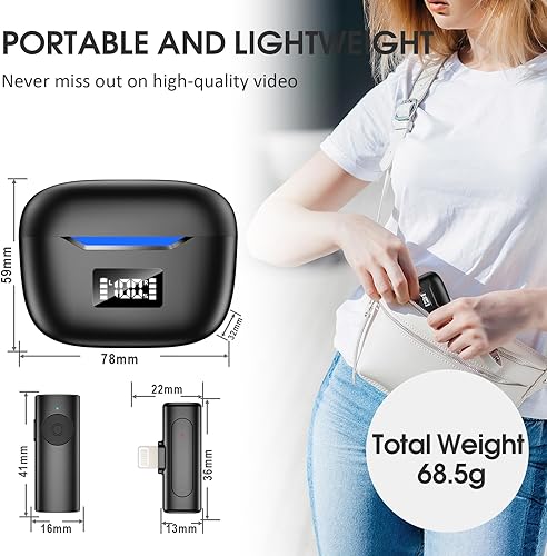 Miniatura 6 de Puqo Micrófono Lavalier inalámbrico para iPhone iPad, paquete de 2 micrófonos de solapa con chip de reducción de ruido integrado, tiempo de trabajo