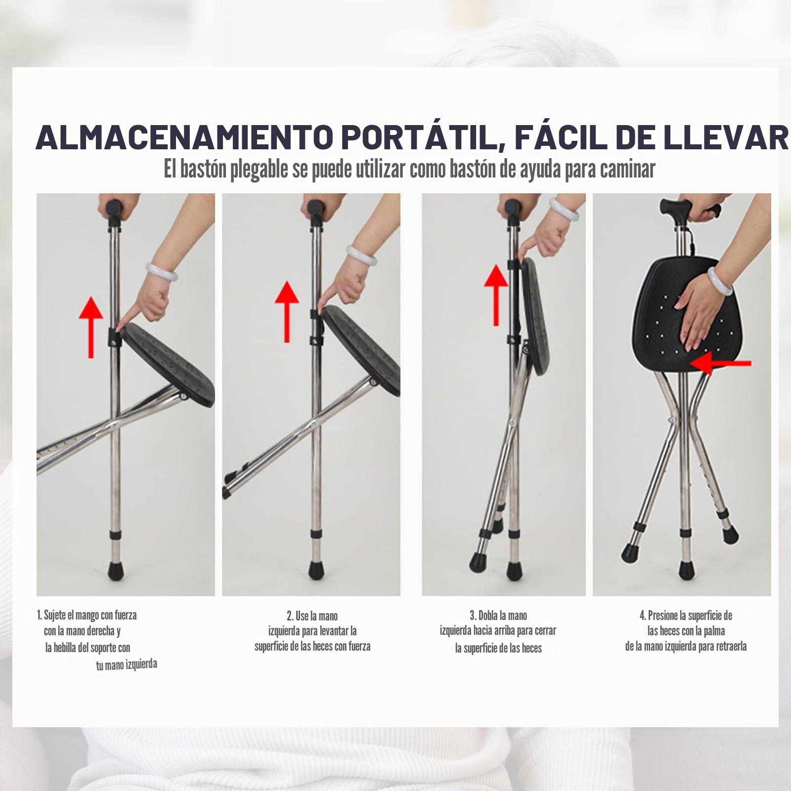 Bastón con asiento, capacidad de 120 kg, tabla de asiento grande en cinco posiciones de altura ajustable, caña y taburete de doble uso, bastón con asiento para adultos en reposo, personas mayores y