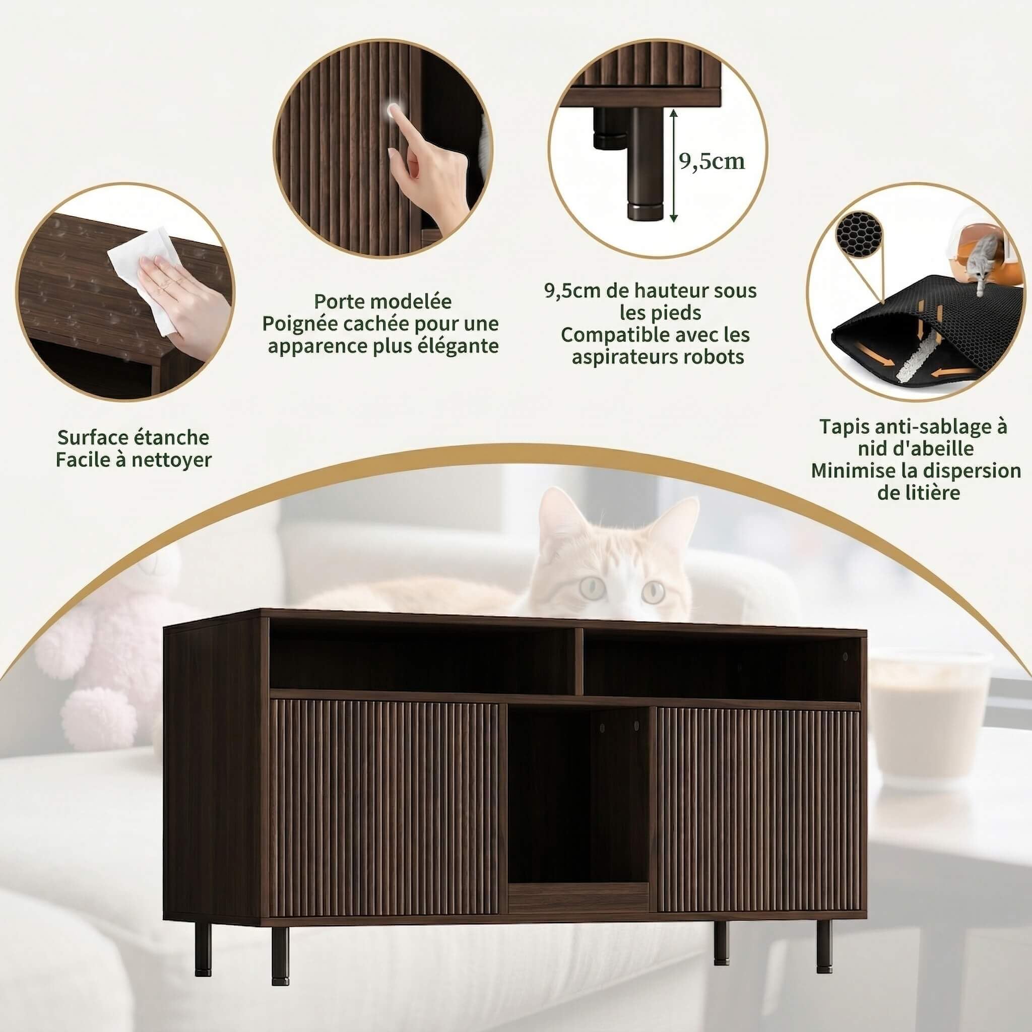 Katzenklo Schrank für 2 Katzen mit Sandauffangmatte, XXL Sideboard für Katzentoilette Versteckt, Multifunktionales Katzenhaus Möbel, Einfache Montage, Walnuss