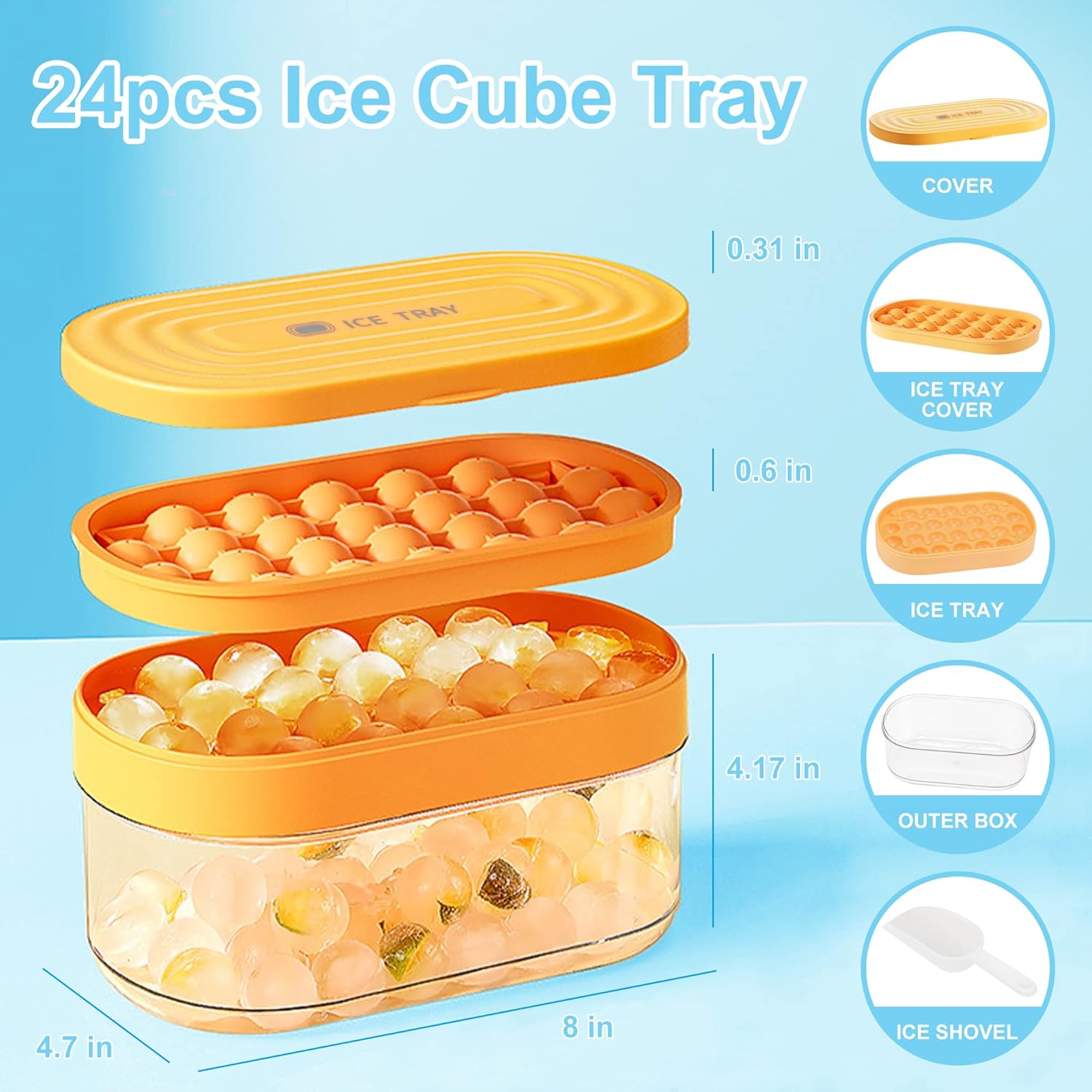 Ice Cube Tray,ice ball trays with Lid and Storage Bin for Freezer, Food-grade Easy-Release 24 Sphere Ice Tray with Spill-Resistant Cover&Bucket Scoop Cover