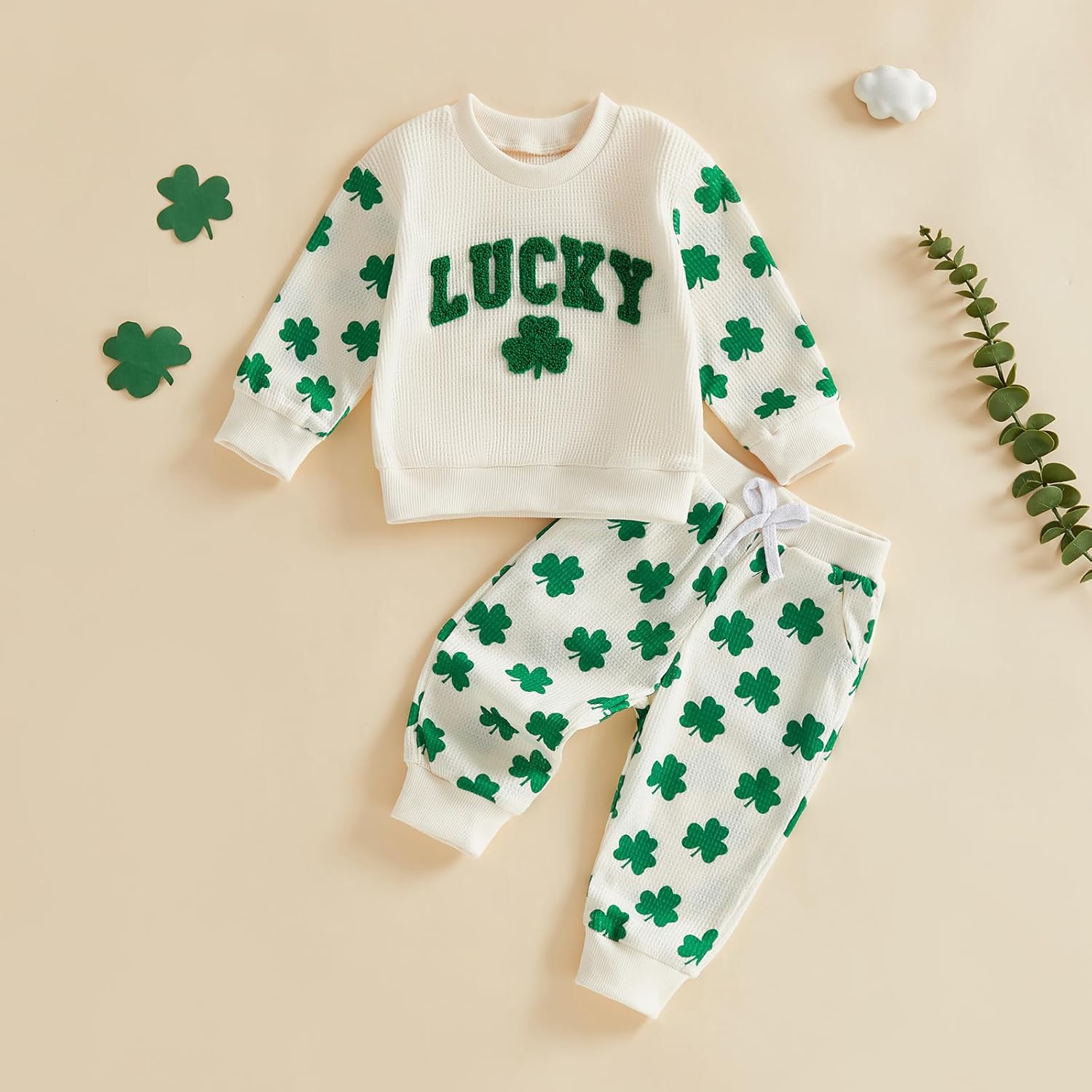 Toddler Baby Boy Girl St Patricks Day Outfit Lucky Embroidery Waffle Long Sleeve Sweatshirt Pants Spring Clothes Set - Image 2