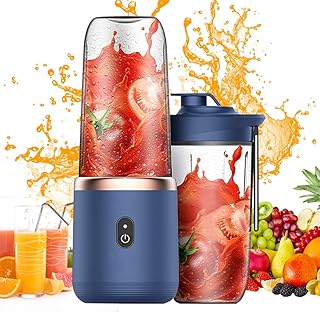 Portable Blender, CJBIN USB Mini Blender, Portable Smoothie Blender with 2 Cup Body and 1 Sports Cup Cover, Blue Personal Blender, Mini Juicer for Travel, Car, Gym, Personal Baby Food - 6 Blades