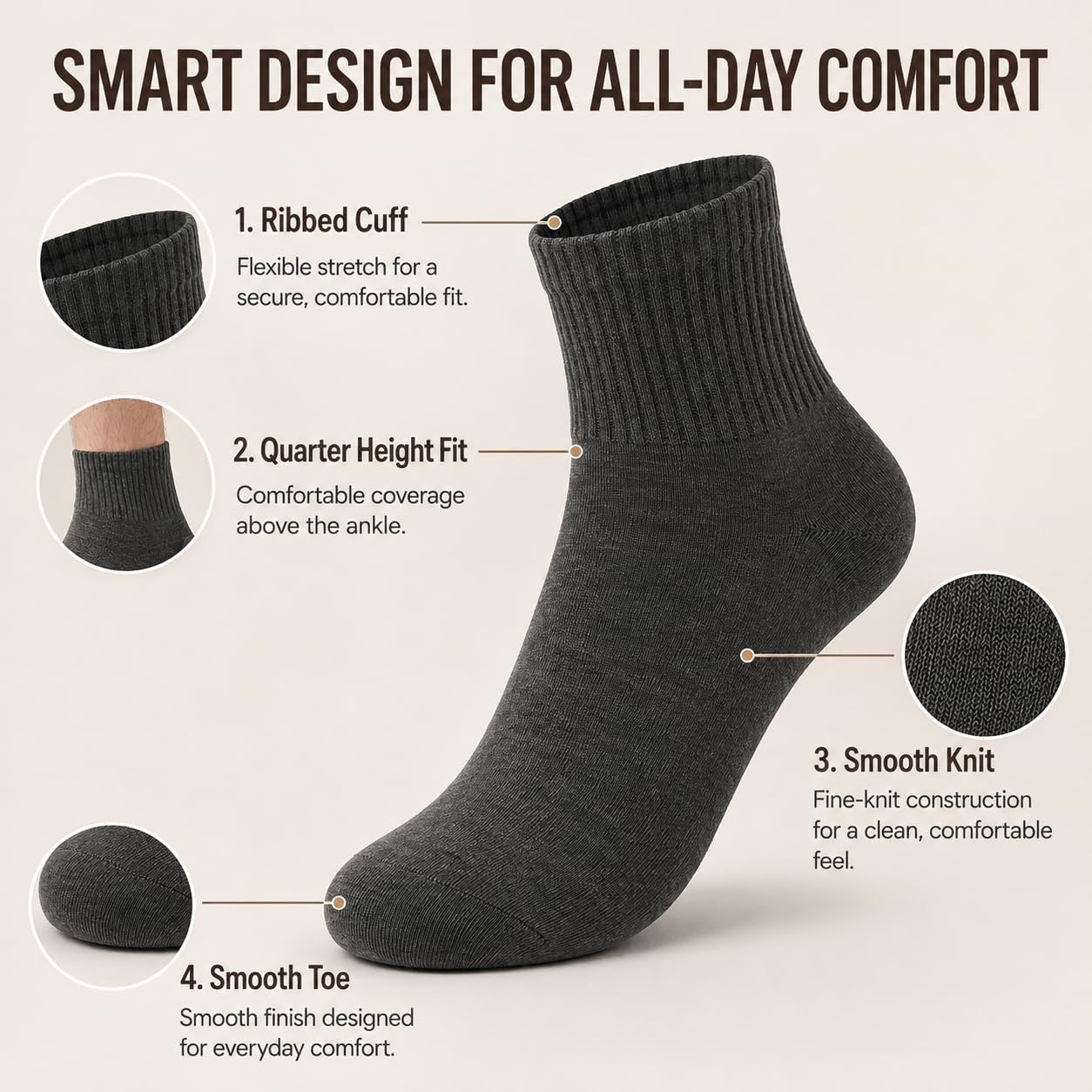 Men's Lightweight Quarter Crew Socks, 9 Pairs,Size 5-8