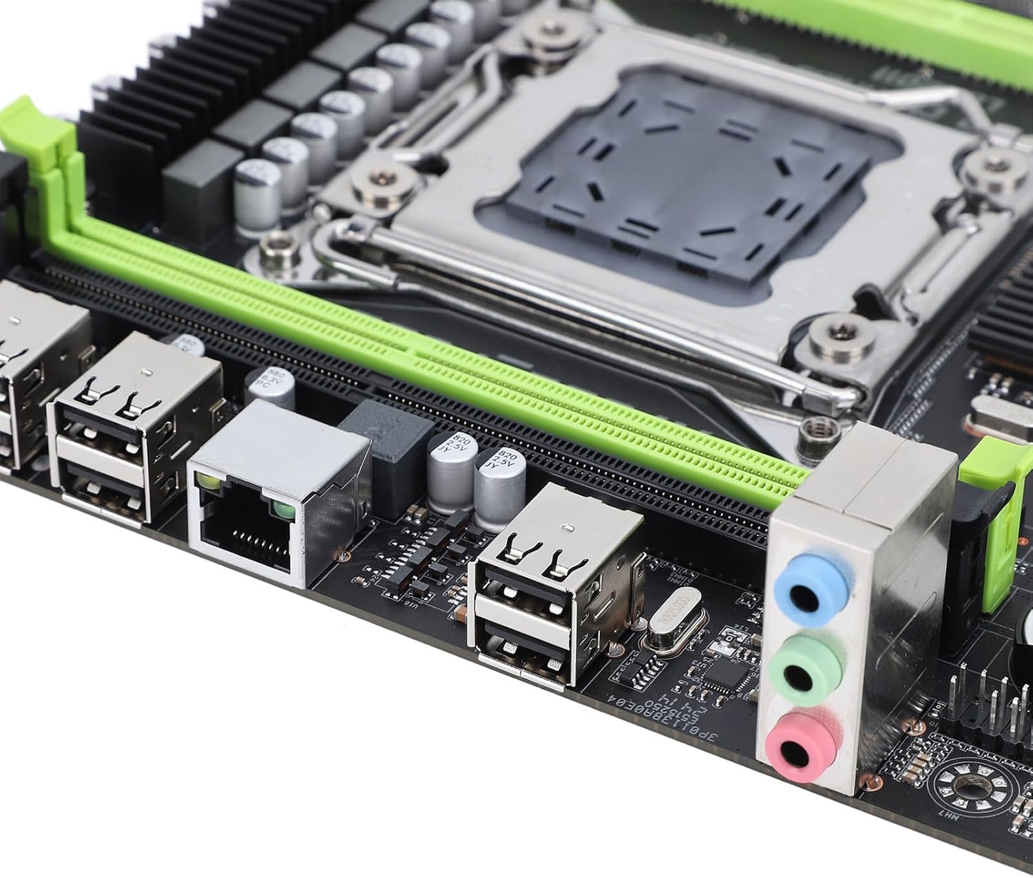 ລະອຽດ view of the rear I/O ports including USB 2.0, Gigabit Ethernet, and audio jacks