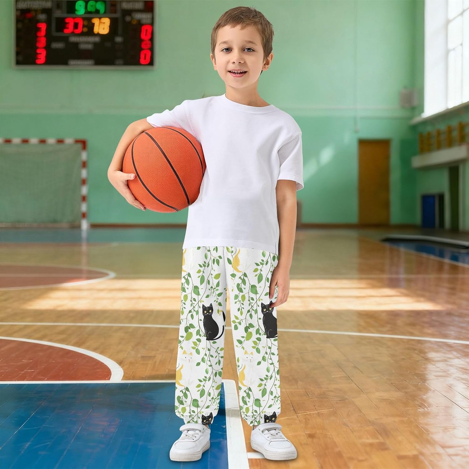 Boy Sweatpants Leaf Cute Cat Green Joggers Casual Athletic Pants Kids Elastic Waist Cuffed with Pockets