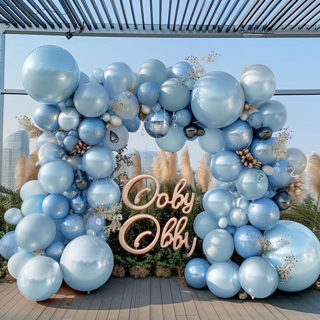Blue Balloon Garland Double Stuffed Baby Light Blue Balloons Different Sizes 18/12/5in Latex Pearl Balloon Arch for Baby Shower Wedding Winter