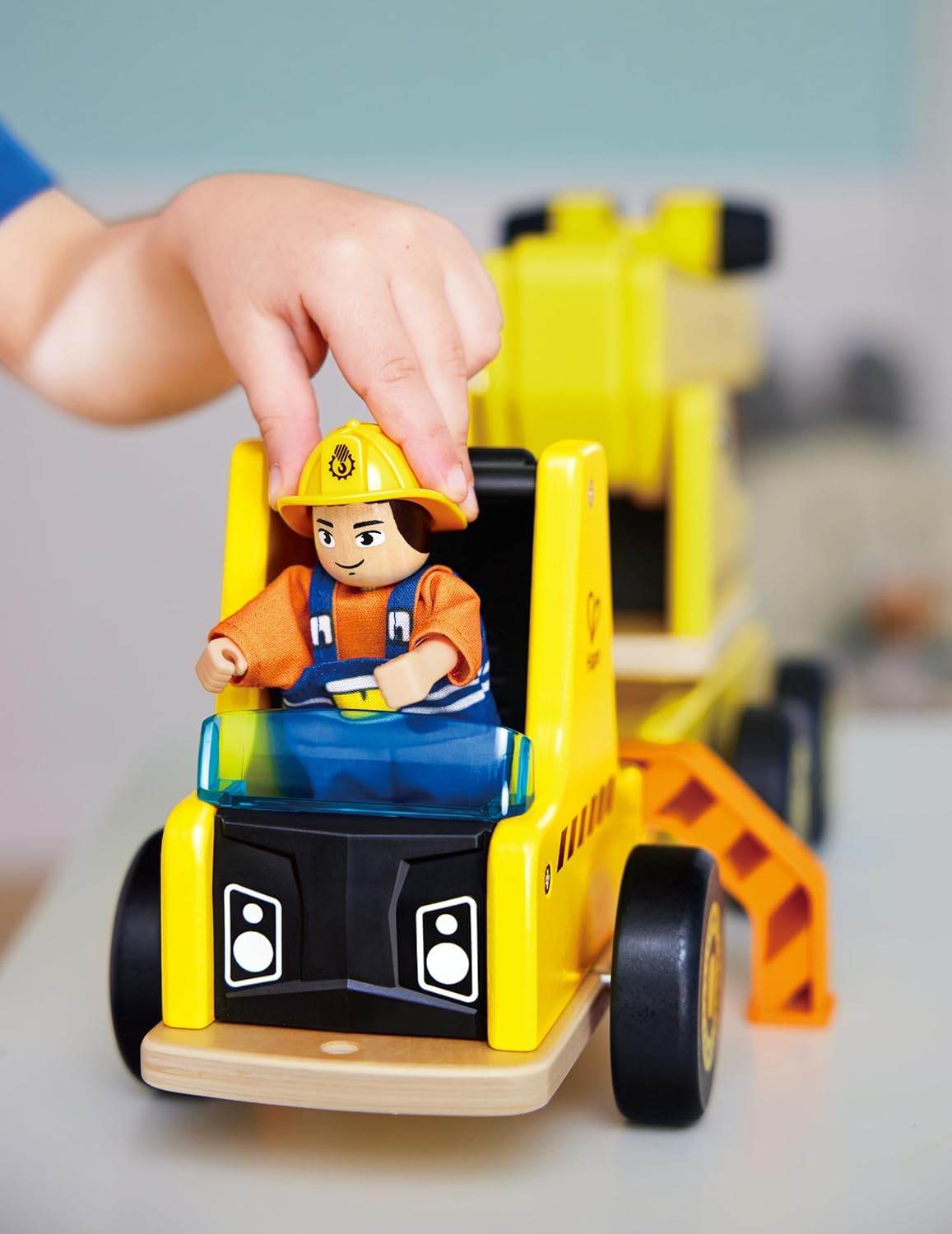 Hape Wooden Mobile Crane Construction Vehicle - Interactive Engineering Toy with Realistic Lifting Action & Foldable Support Legs - STEM Educational Gift for Toddlers & Kids Ages 3+