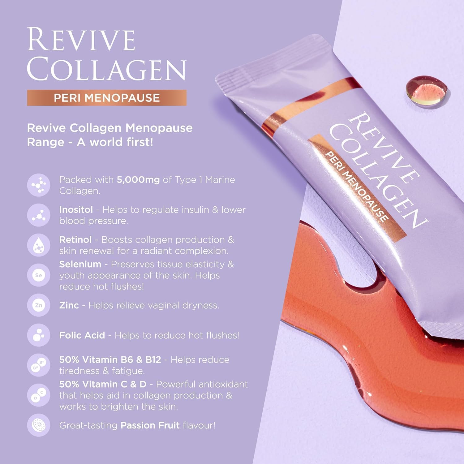 Revive Collagen Perimenopause — Hydrolyzed Marine Collagen Drink for Women, 5,000MG, Inositol, Selenium, Vitamin B6-B12, C & D, Supports Skin Health, Reduces Fatigue, Passionfruit Flavour — 14 Sachets - Image 4