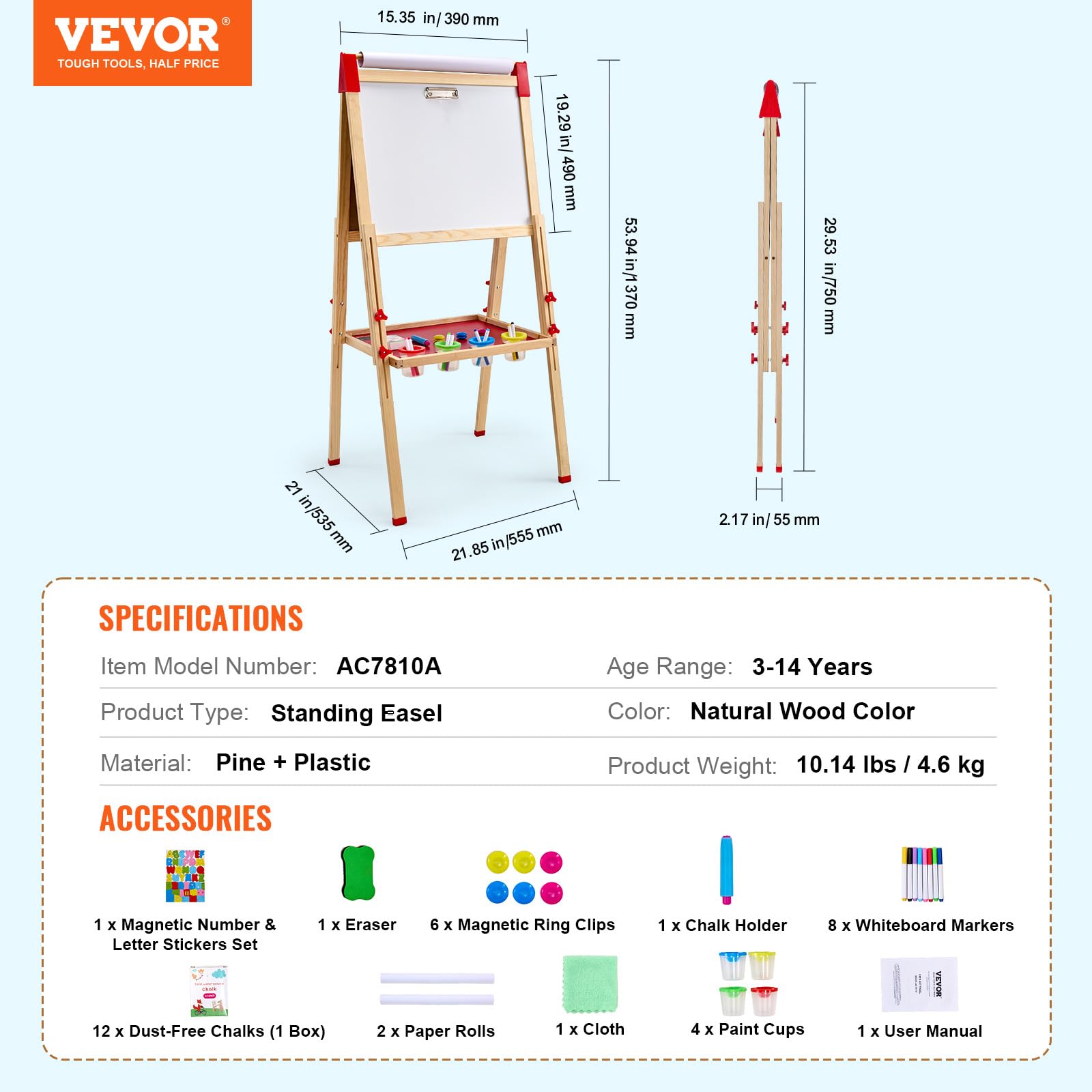VEVOR 3 en 1 Caballete de Arte Caballete de Madera de Doble Cara para Niños con Pizarra Magnética, Pizarra y Rollo de Papel, Tablero de Dibujo Ajustable con Accesorios de Pintura para Niños