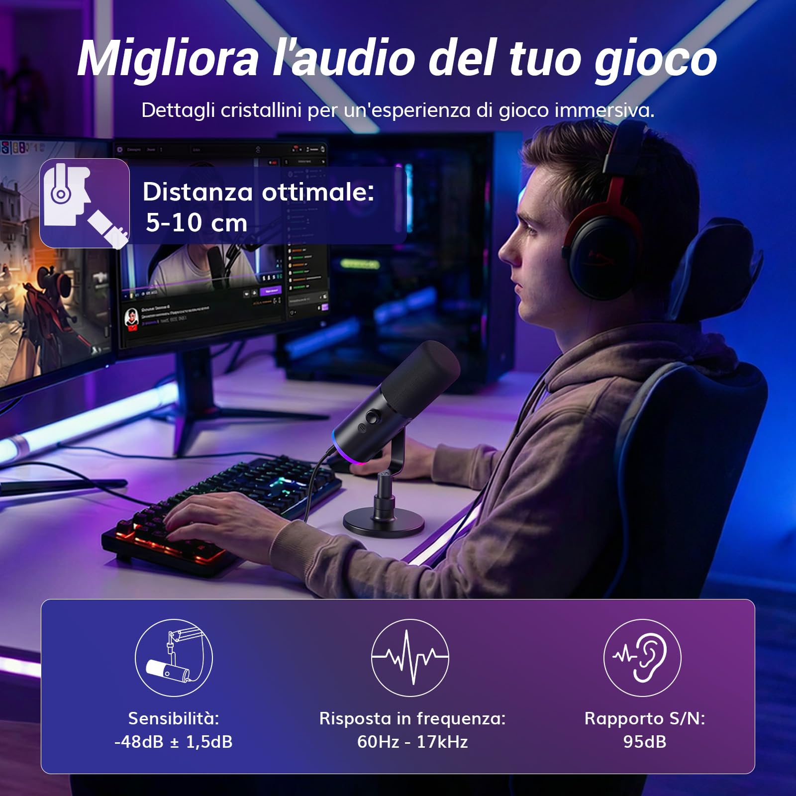 TONOR Microfono Gaming Dinamico per PC, Microfono Cardioide Streaming XLR/USB con supporto da tavolo per Podcasting/Studio, Cancellazione Rumore IA,RGB Controllabile,Jack Cuffie 3,5 mm,Nero,TD510 AIR