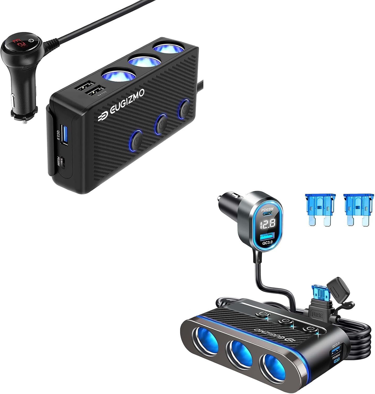 Cigarette Lighter Plug Splitter, 200W 3 Socket Car Cigarette Lighter Adapter Car Charger Port Cargador para Carro PD 65W 30W & QC3.0 Fast Charger for Car MacBook Laptop iPad iPhone