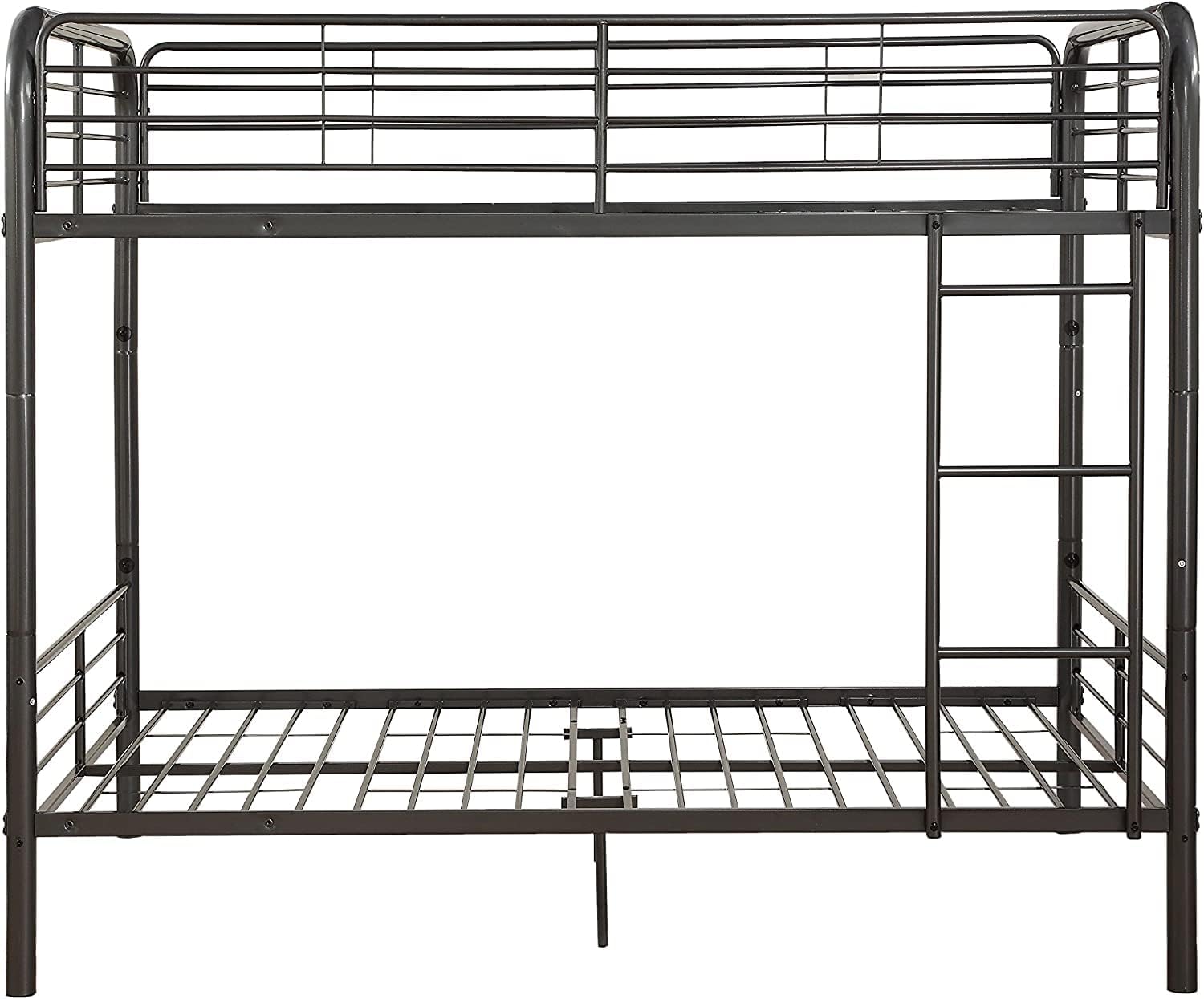 Pemberly Row Full Over Full Metal Bunk Bed, Gunmetal Finish, 65" H x 79" W x 57" D, Convertible Design with Reversible Front Ladder, Full-Length Guardrails, Slat System Included, Durable Sleeping