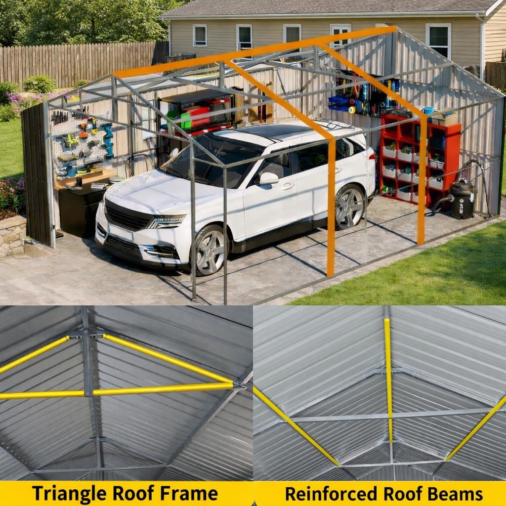 ZMAD 12x20x9.3 FT Heavy Duty Metal Garage Shed, Outdoor Storage Building with Double Doors & 2 Windows, Waterproof All-Weather Steel Carport for Car Truck Motorcycle & Lawnmower