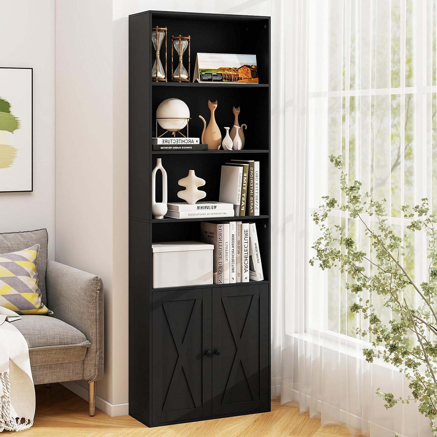 Giantex 71" Tall Bookcase with Doors, Modern 4-Tier Black Bookshelf with Anti-Tipping Kits, Farmhouse Wooden Book Shelf with Storage, Wood Open Storage Display Cabinet, 4-Cube Book Case for Bedroom