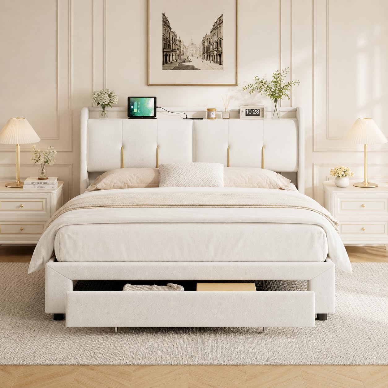 CDQL Letto matrimoniale 160 x 200 cm con vano contenitore pneumatico, Letto contenitore con 1 cassetto, porta USB e luci LED, rivestito in velluto beige