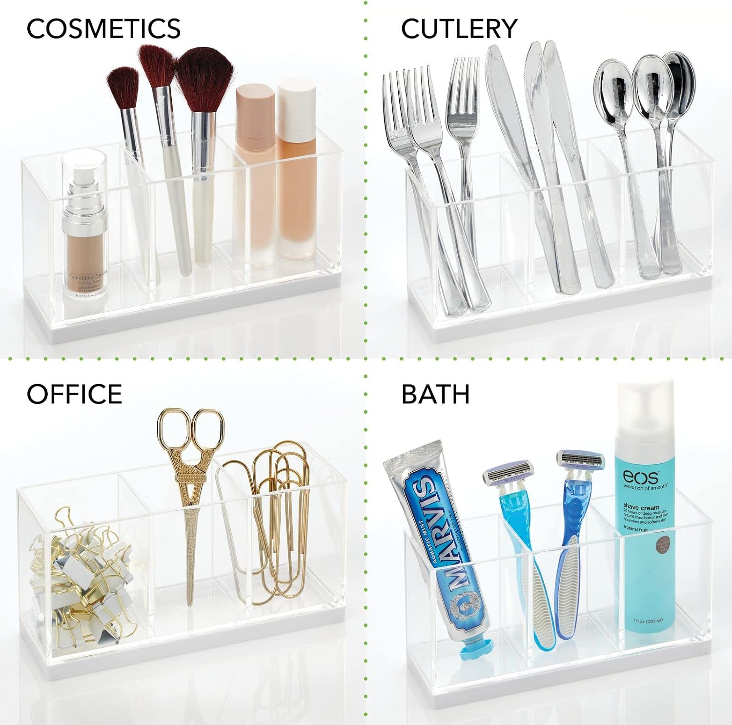 mDesign Plastic Makeup Organizer Caddy Bin with 3 Sections for Bathroom Vanity Countertops or Cabinet: Stores Makeup Brushes, Eye and Lip Pencils, Lipstick, Lip Gloss, Concealers - Clear/White
