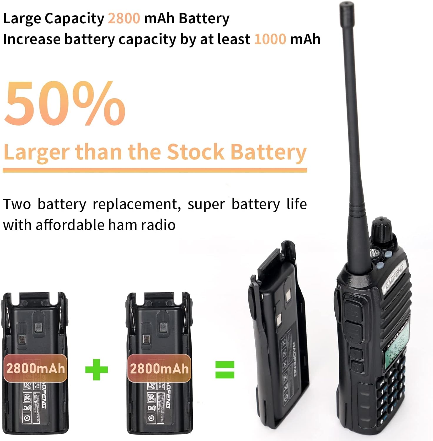 Two 2800mAh batteries and a BAOFENG UV-82 radio, illustrating the extended battery capacity.