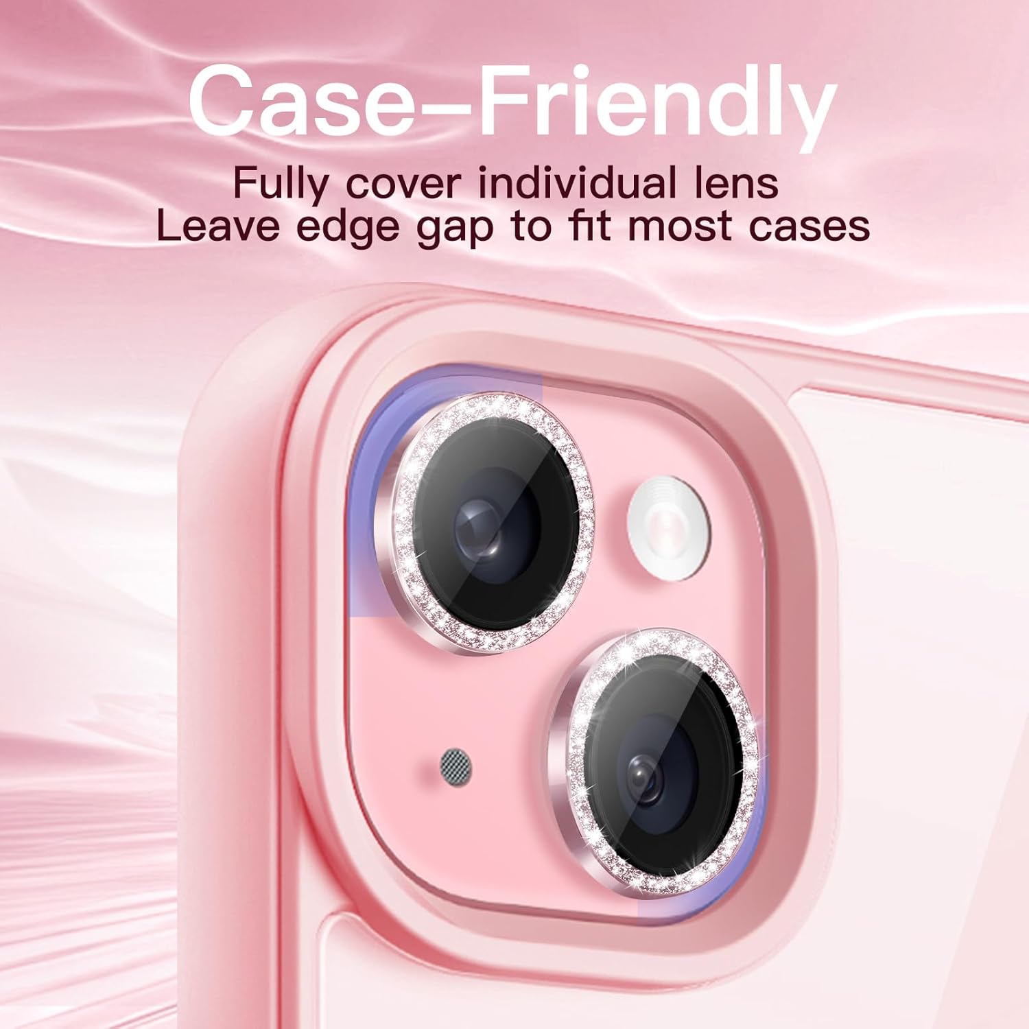 JETech Camera Lens Protector for iPhone 15 6.1-Inch and iPhone 15 Plus 6.7-Inch, Bling Glitter Individual 9H Tempered Glass Metal Ring Cover, HD Clear, 1 Set (Pink)