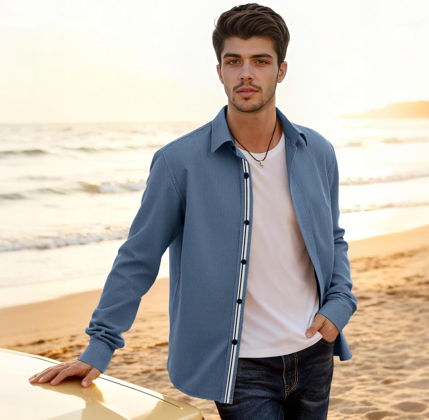 Men’s Casual Untucked Button Down Shirt Long Sleeve Stylish Business Casual Dress Shirts for Men