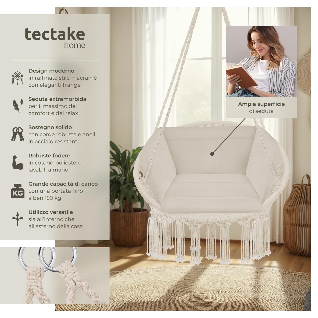 tectake® Poltrona Sospesa, Interno & Esterno, Diametro Seduta 60 cm, Robusta, Grande e Morbidissimo Cuscino, Sedia a Dondolo, Sedia Sospesa da Interno e Terrazzo - Beige