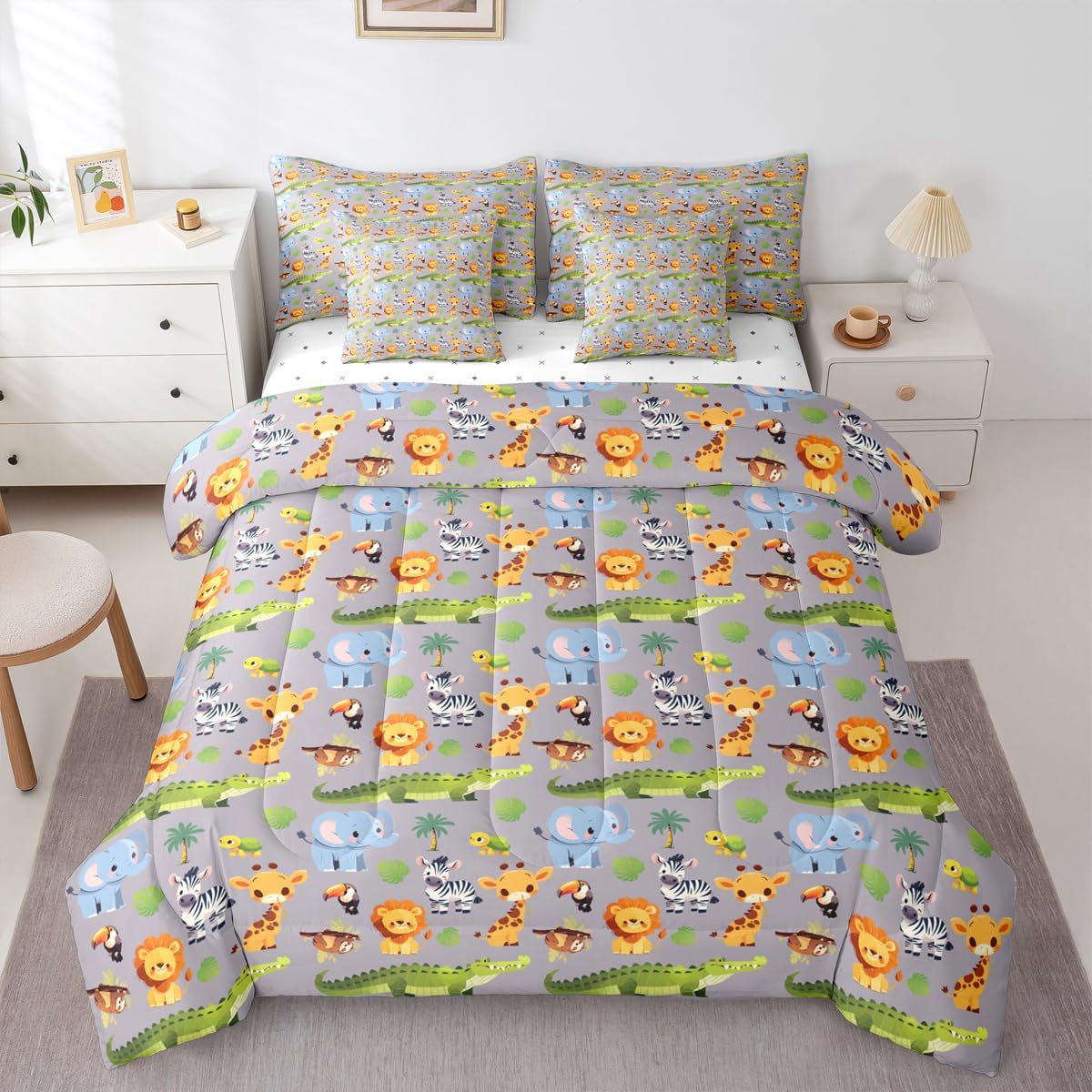 Feelyou Jungle Animals Comforter Set with Sheets 7 Piece Twin Size Cute Elephant Crocodile Bed in a Bag Cartoon Zebra Sloth Bedding Set Giraffe HippopotamusLeopard Cheetah Print Blue Grey
