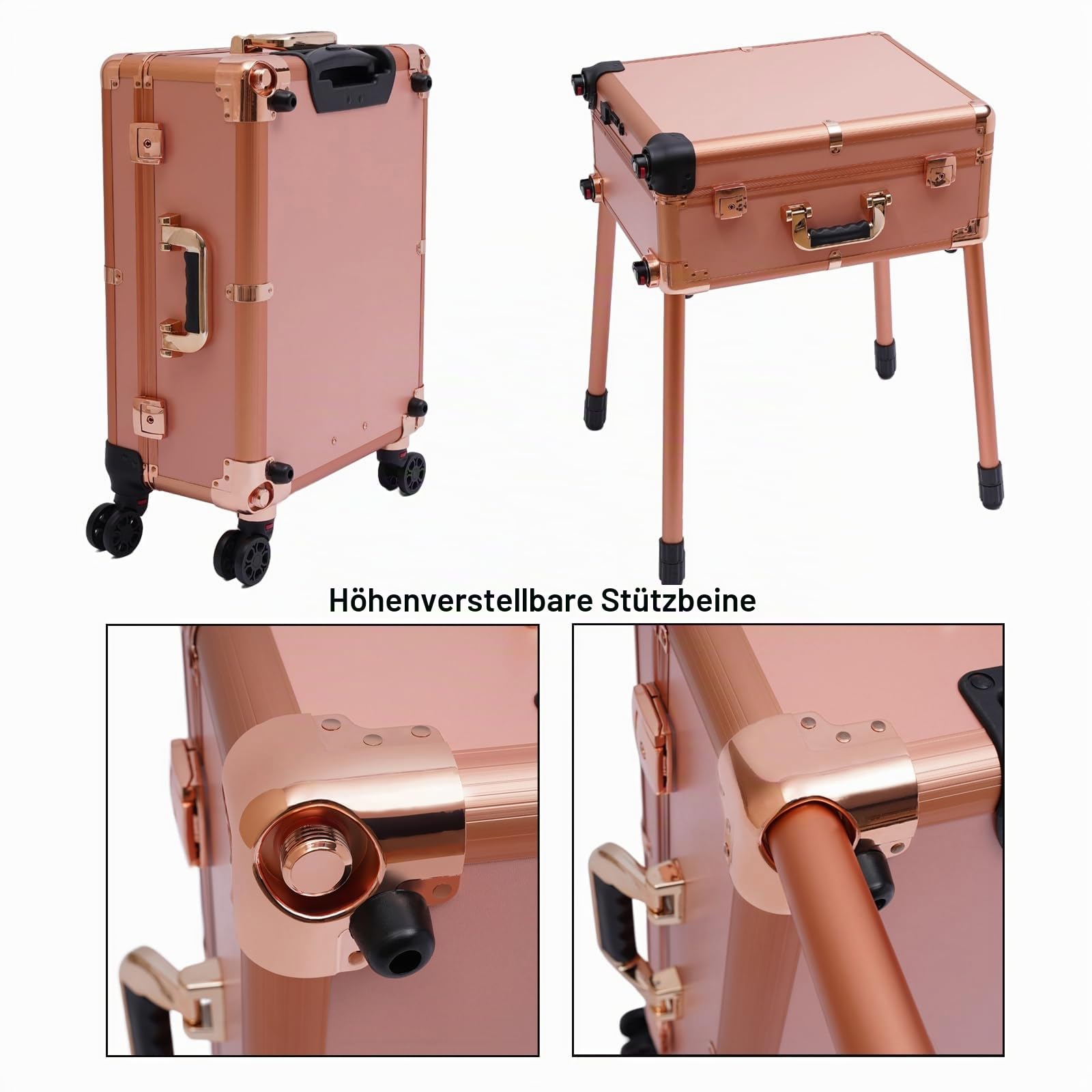 Kosmetikkoffer Trolley mit Spiegel und Licht Mobile Schminkstation Tisch, Einstellbare Höhe und Helligkeit,Alu Friseurkoffer mit Rollen Make up Koffer Beauty Case Nageltisch (Rose Gold)
