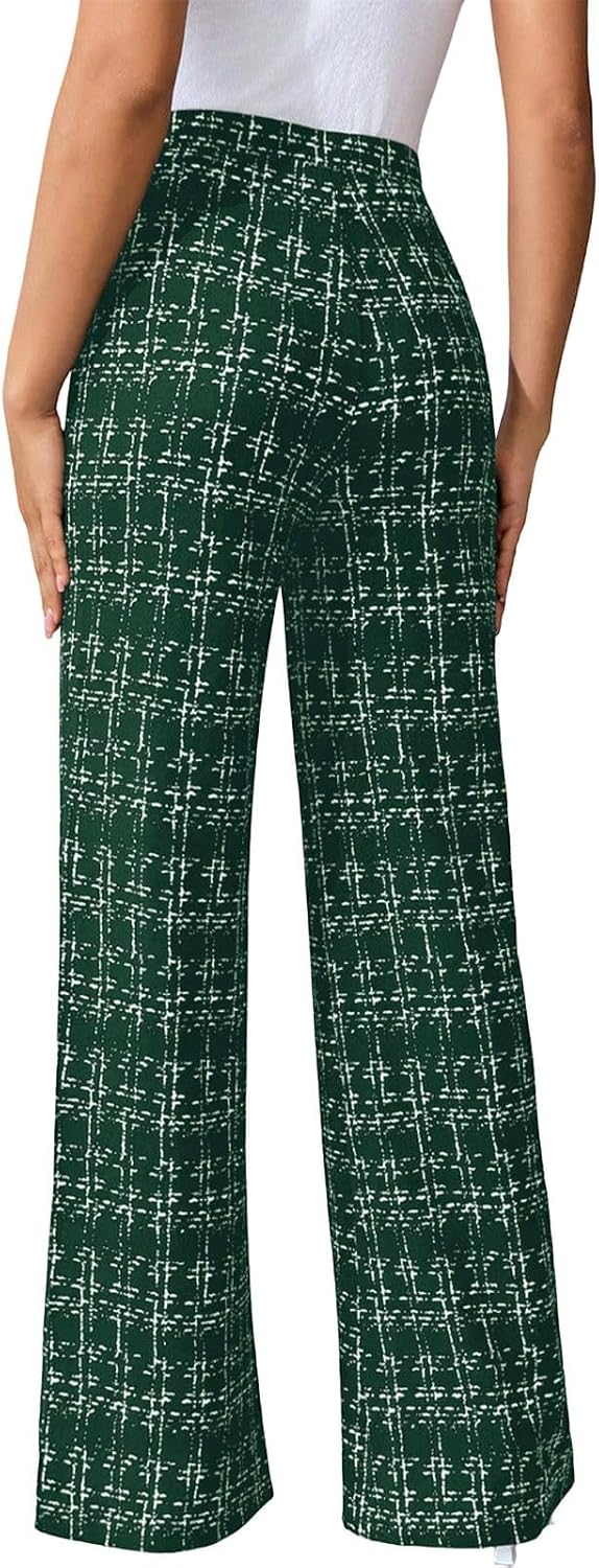 Women's Wide Leg Pants Plaid Elastic High Waist Business Casual Work Baggy Pants Fall Trendy Y2K Trousers